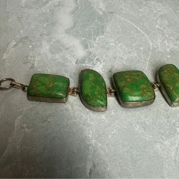 Green Turquoise Stone chunky bracelet with .925 silver hardware